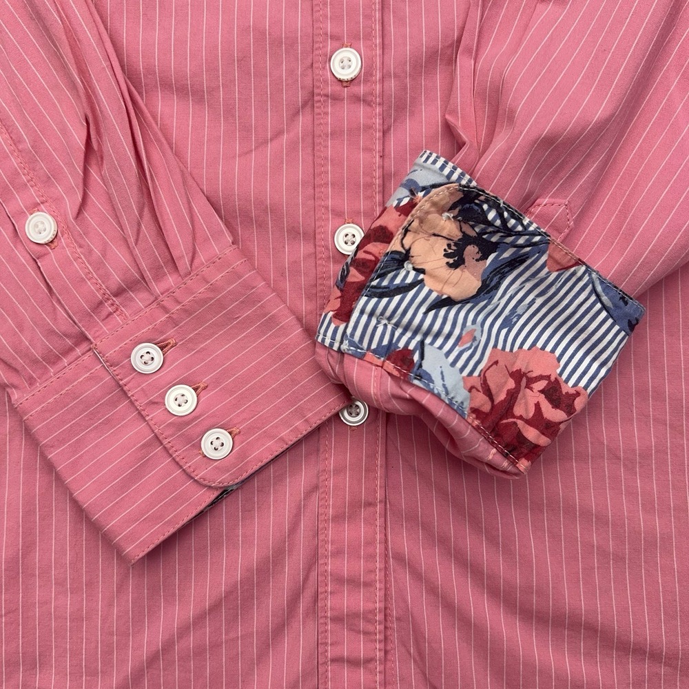 Ariat Long Sleeve Button Up Shirt Womens Large Flip Cuffs Fitted Pink Pinstriped - Picture 7 of 14